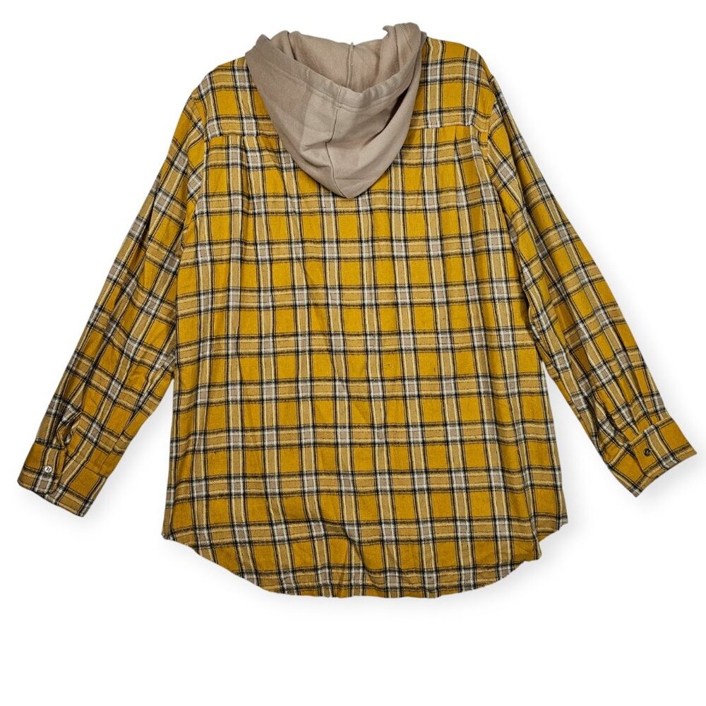 La Miel Mustard Yellow Plaid Button-Up Hooded Shirt Size S Long Sleeve Casual - Picture 2 of 8